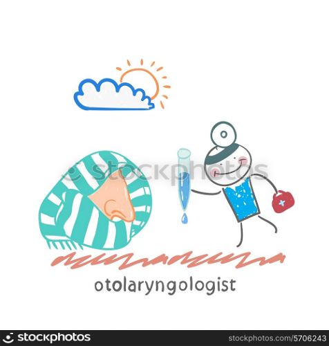 otolaryngologist offers nasal drops. Fun cartoon style illustration. The situation of life.