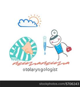 otolaryngologist offers nasal drops. Fun cartoon style illustration. The situation of life.