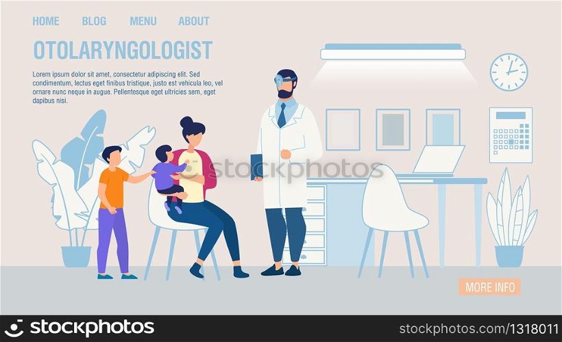 Otolaryngologist Online Service Trendy Flat Landing Page. Cartoon Mother with Children at ENT Doctor Appointment. Kids Medical Examination and Treatment Ear, Nose, Throat. Vector Illustration. Otolaryngologist Online Service Flat Landing Page