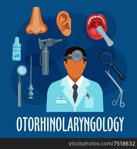 Otolaryngologist profession flat symbol of doctor in lab coat and frontal reflector with nose, ear and throat organs, otoscope, scissors, needle and mirror, magnifier and drops. Otorhinolaryngology icon for profession design