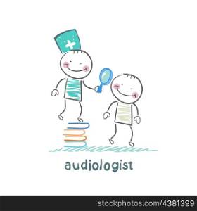 otolaryngologist stands on a pile of books and looking through a magnifying glass on the patient&#39;s ear