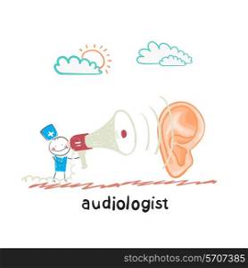 otolaryngologist yells into a megaphone on a large ear