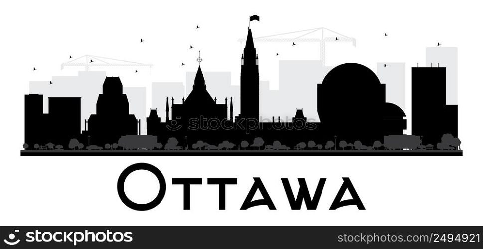 Ottawa City skyline black and white silhouette. Vector illustration. Simple flat concept for tourism presentation, banner, placard or web. Business travel concept. Cityscape with landmarks
