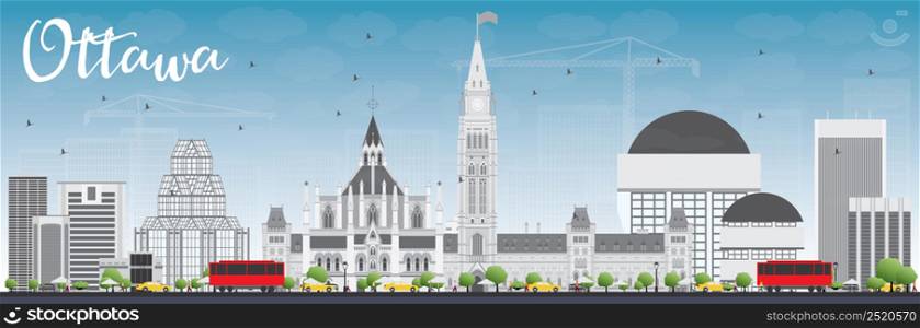 Ottawa Skyline with Gray Buildings and Blue Sky. Vector Illustration. Business travel and tourism concept with modern buildings. Image for presentation, banner, placard and web site.