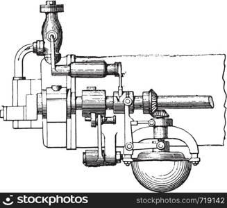 Otto engine governor, front view, vintage engraved illustration. Industrial encyclopedia E.-O. Lami - 1875.