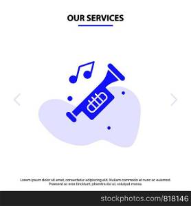 Our Services Accessories, Car, Horn, Noise, Trumpet Solid Glyph Icon Web card Template