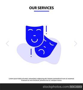 Our Services Acting, Masks, Persona, Theater Solid Glyph Icon Web card Template
