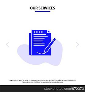 Our Services Agreement, Report, Form, Layout, Paper Solid Glyph Icon Web card Template