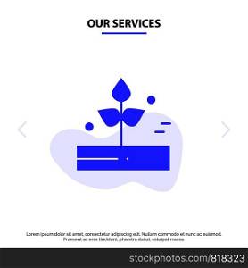 Our Services Agriculture, Leaf, Plant, Rain, Rainy Solid Glyph Icon Web card Template