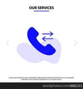 Our Services Answer, Call, Contact us Solid Glyph Icon Web card Template