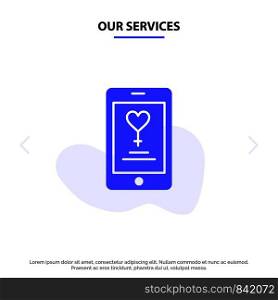 Our Services App, Mobile, Love, Lover Solid Glyph Icon Web card Template