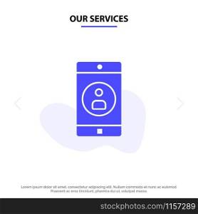 Our Services Application, Mobile, Mobile Application, Profile Solid Glyph Icon Web card Template