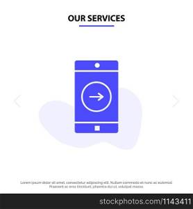 Our Services Application, right, Mobile, Mobile Application Solid Glyph Icon Web card Template
