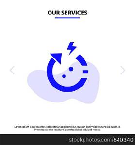 Our Services Arrow, Power, Save, World Solid Glyph Icon Web card Template