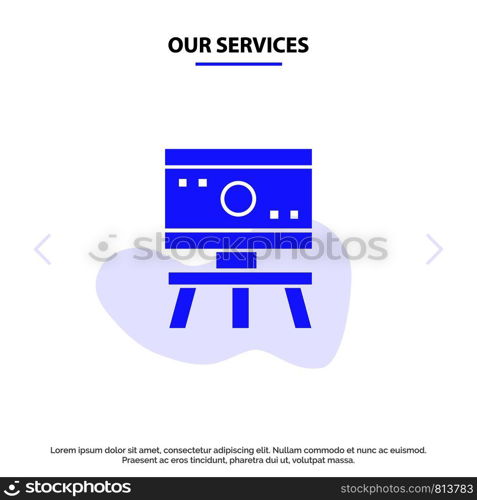 Our Services Atom, Board, Science, Space Solid Glyph Icon Web card Template