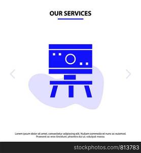 Our Services Atom, Board, Science, Space Solid Glyph Icon Web card Template