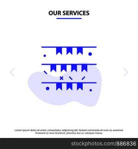 Our Services Banner, Flag, Garland, Ireland, Irish Solid Glyph Icon Web card Template