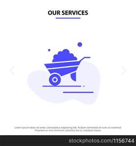 Our Services Barrow, Garden, Trolley, Truck, Wheelbarrow Solid Glyph Icon Web card Template