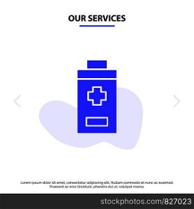 Our Services Battery, Minus, Plus Solid Glyph Icon Web card Template