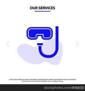 Our Services Beach, Goggles, Snorkeling, Underwater Solid Glyph Icon Web card Template