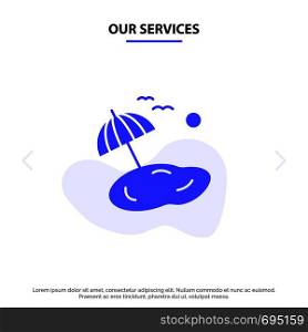 Our Services Beach, Palm, Tree, Spring Solid Glyph Icon Web card Template