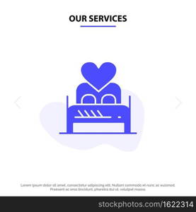 Our Services Bed, Love, Lover, Couple, Valentine Night, Room Solid Glyph Icon Web card Template