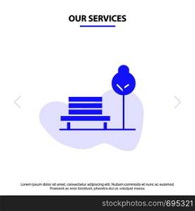 Our Services Bench, Chair, Park, Hotel Solid Glyph Icon Web card Template