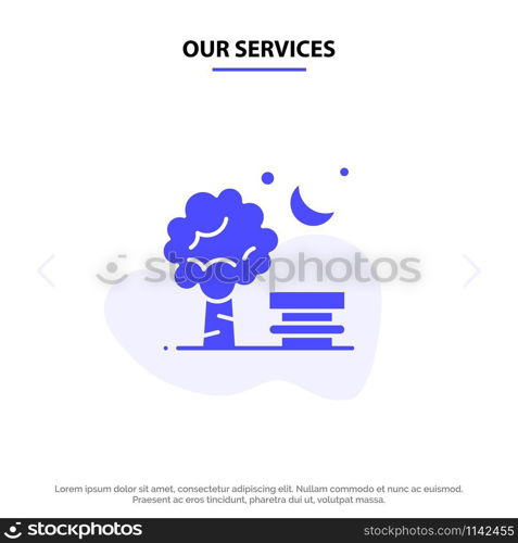Our Services Bench, Chair, Park, Spring, Balloon Solid Glyph Icon Web card Template