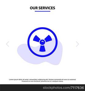 Our Services Biohazard, Chemist, Science Solid Glyph Icon Web card Template