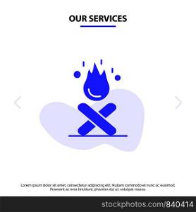 Our Services Bonfire, Campfire, Camping, Fire Solid Glyph Icon Web card Template