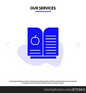 Our Services Book Apple, Science Solid Glyph Icon Web card Template