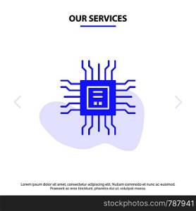 Our Services Book, Cpu, Learning, Technology Solid Glyph Icon Web card Template