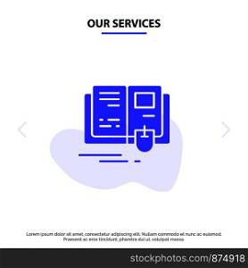 Our Services Book, Education, Knowledge, Mouse Solid Glyph Icon Web card Template