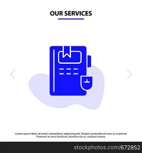 Our Services Book, Education, Knowledge Solid Glyph Icon Web card Template