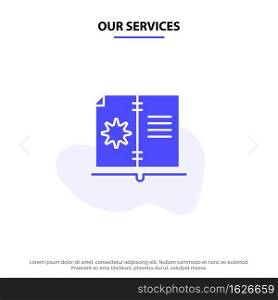 Our Services Book, Guide, Hardware, Instruction Solid Glyph Icon Web card Template