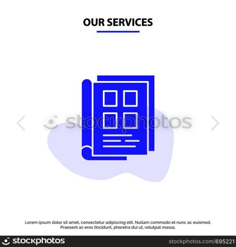 Our Services Book, Newspaper, Paper, Notebook, Phonebook Solid Glyph Icon Web card Template
