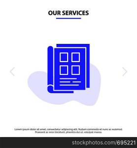 Our Services Book, Newspaper, Paper, Notebook, Phonebook Solid Glyph Icon Web card Template