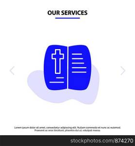 Our Services Book, Open, Easter, Nature Solid Glyph Icon Web card Template