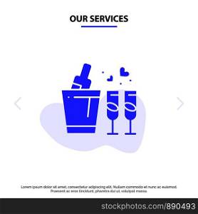 Our Services Bottle, Glass, Love, Wedding Solid Glyph Icon Web card Template