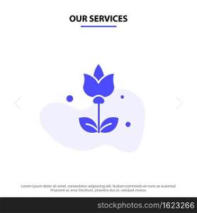 Our Services Bouquet, Flowers, Present Solid Glyph Icon Web card Template