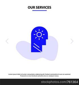 Our Services Brain, Control, Mind, Setting Solid Glyph Icon Web card Template