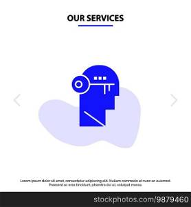 Our Services Brain, Key, Lock, Mind, Unlock Solid Glyph Icon Web card Template