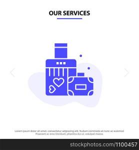Our Services Briefcase, Love, Heart, Wedding Solid Glyph Icon Web card Template