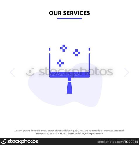 Our Services Broom, Dustpan, Sweep Solid Glyph Icon Web card Template