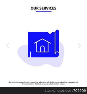 Our Services Building, Construction, Map, House Solid Glyph Icon Web card Template