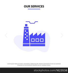 Our Services Building, Factory, Construction, Industry Solid Glyph Icon Web card Template