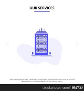 Our Services Building, Office, Skyscraper, Tower Solid Glyph Icon Web card Template