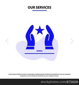 Our Services Built, Care, Motivate, Motivation, Star Solid Glyph Icon Web card Template