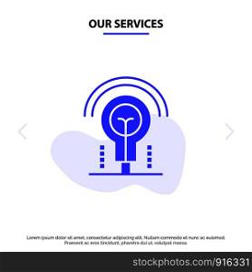 Our Services Bulb, Idea, Light, Hotel Solid Glyph Icon Web card Template