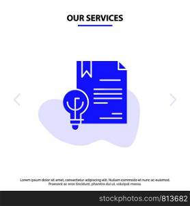 Our Services Business, Copyright, Digital, Invention, Law Solid Glyph Icon Web card Template